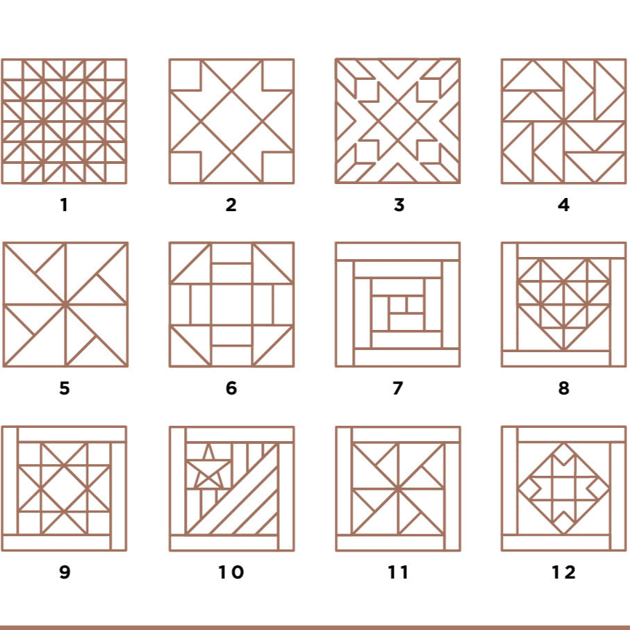Illustrations of 12 different barn quilt patterns with numbers on a white background.